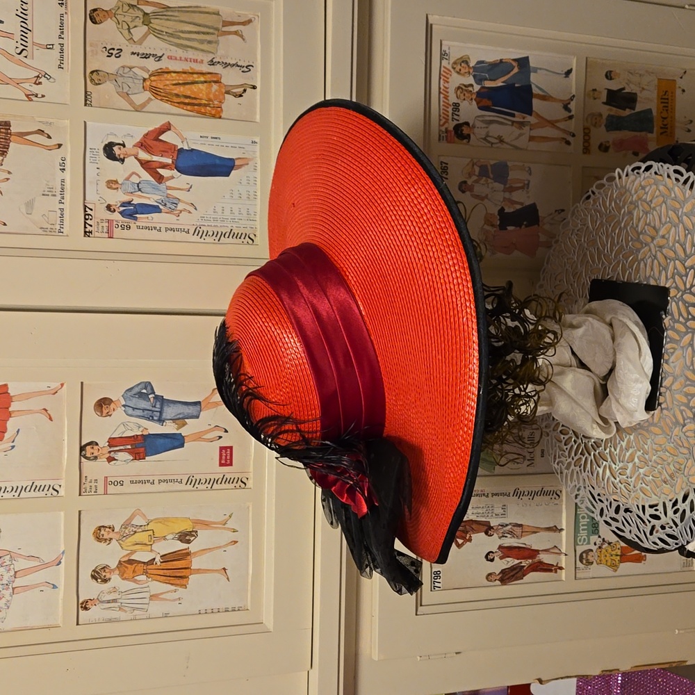 Fancy Decorated Red Straw Hat - image 5